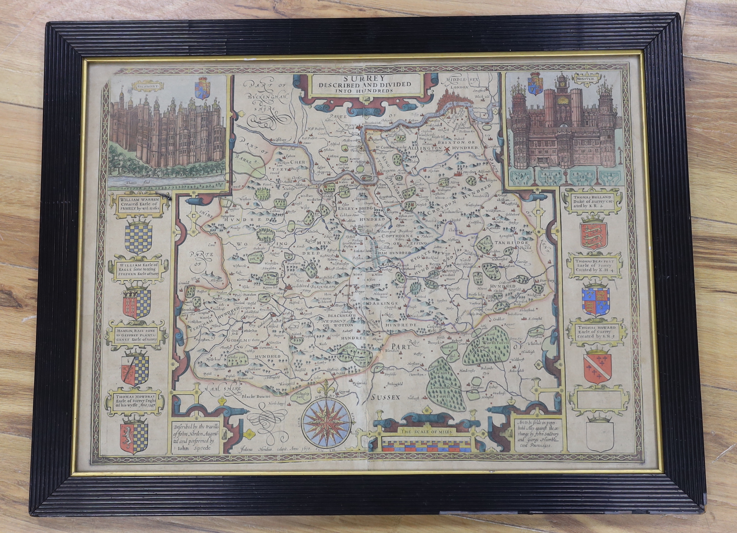 After John Speed (1552-1629), antique hand coloured map of Surrey, 40 x 54cm